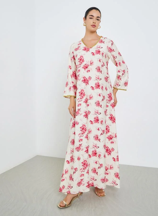 أميرة جلابية بحافة واسعة وطبعة زهور للنساء